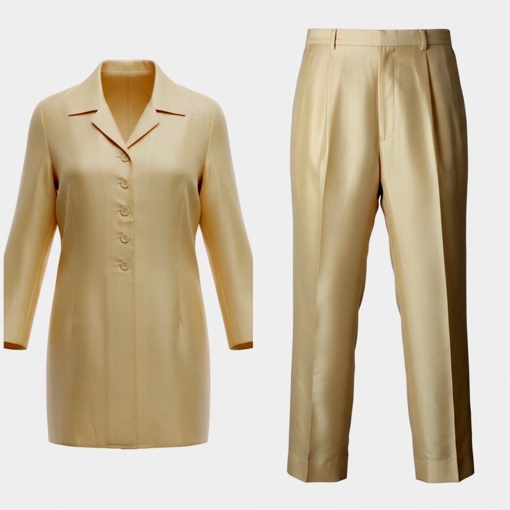 Doncaster 100% Silk Pant Suit Vintage Champagne Gold Tunic Pleated Trousers 18